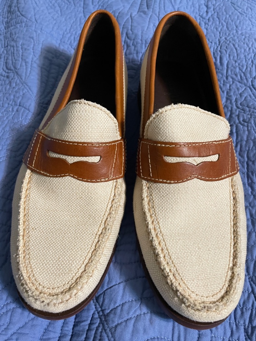 Cole Haan Cream Canvas and Brown Leather Penny Loafers